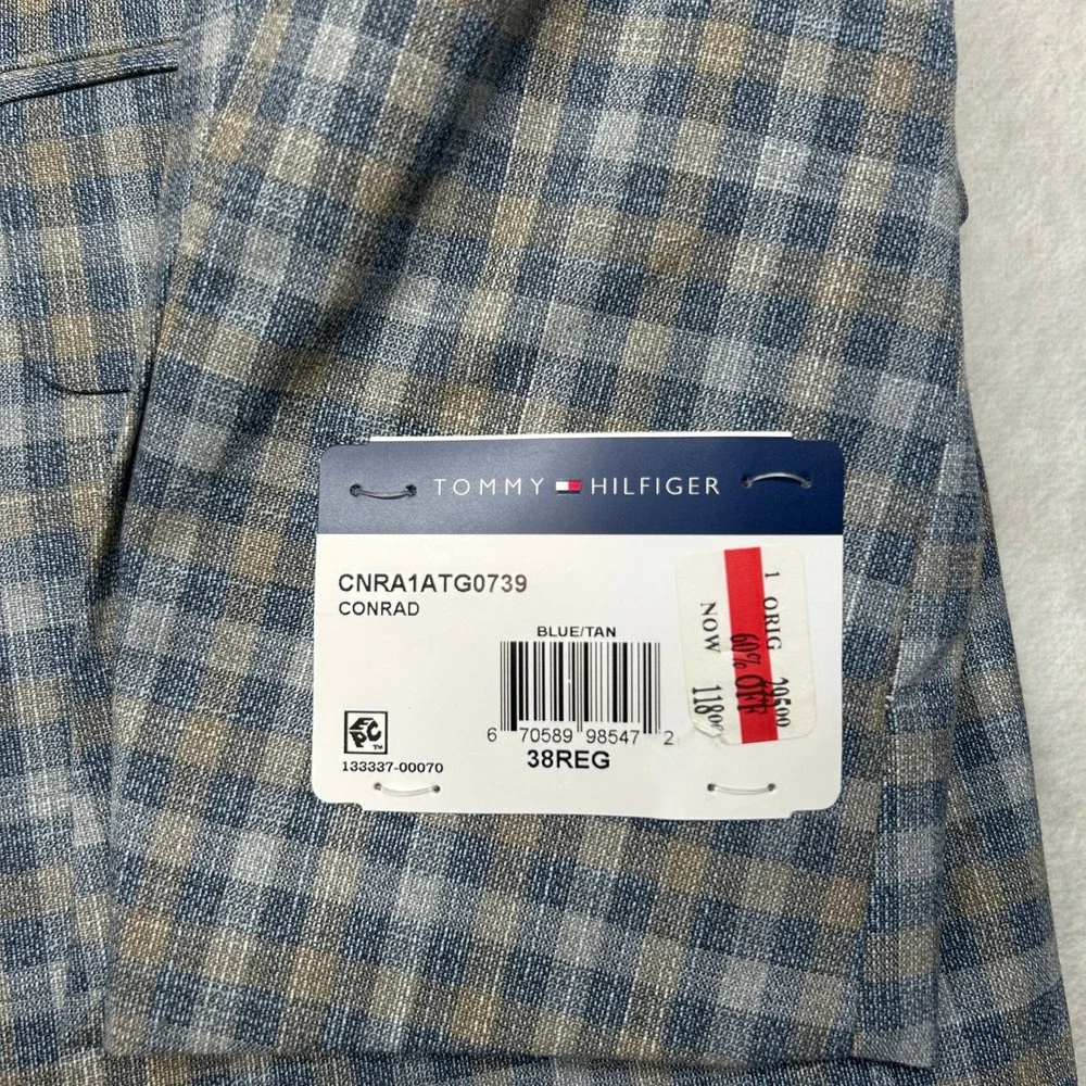 Tommy Hilfiger Check Sport Coat Mens 38R 36 Blue Tan Plaid Flex‎ $295 NEW
